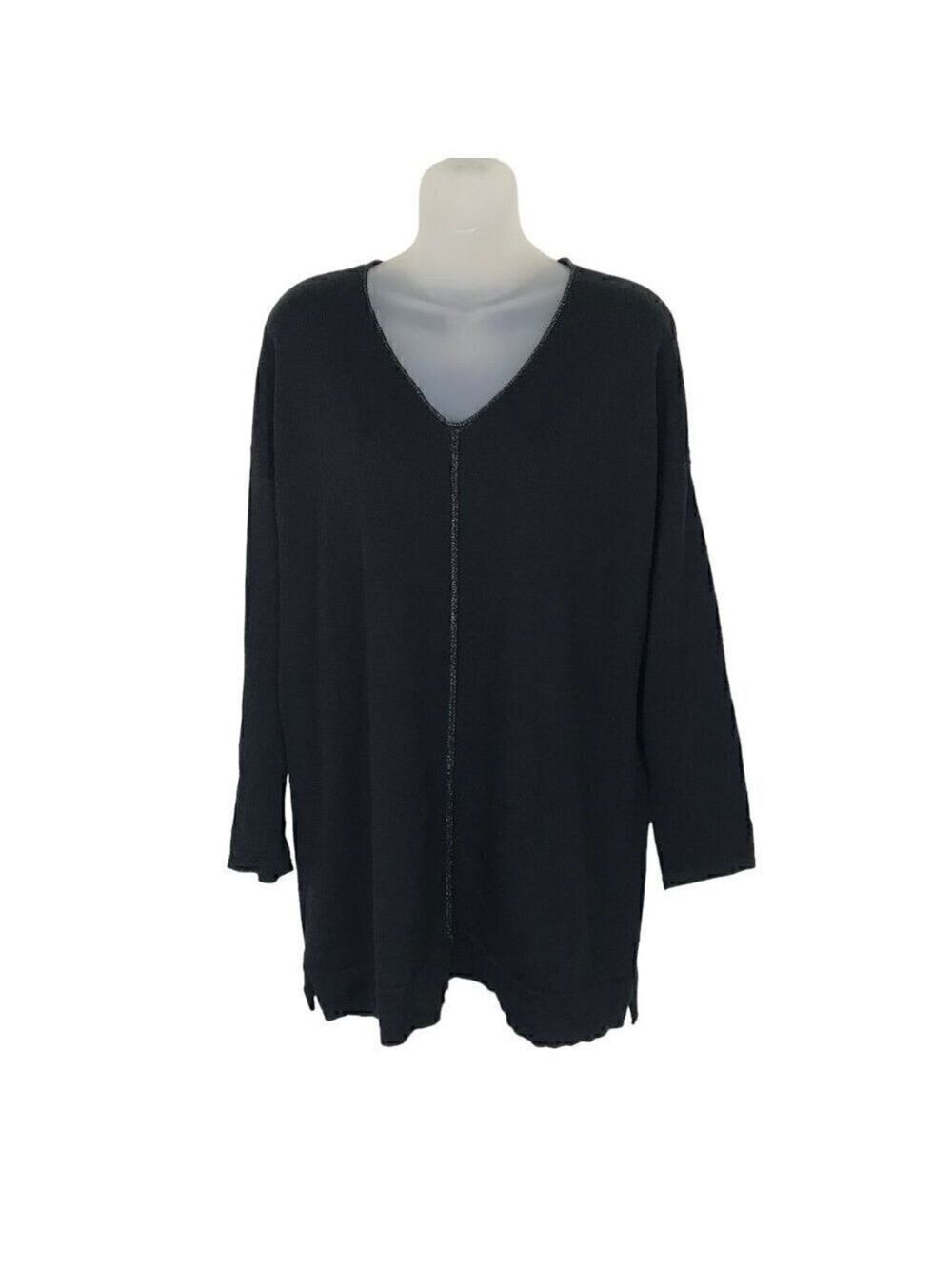 Eileen Fisher 98% Merino Wool Black V- neck Oversized Sweater Size XXS